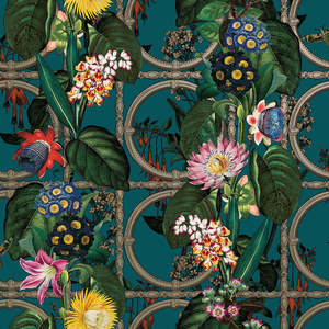 Cascading Gardens: Sample - Alata - floral trellis wallpaper - Teal