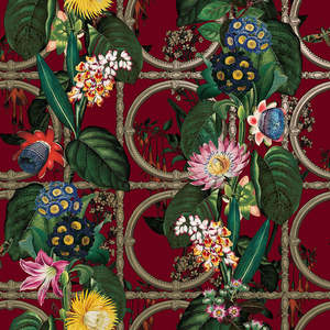 Sample - Alata - Floral Trellis Wallpaper - Burgundy Shine