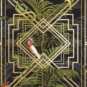 Sample - Akello - Tropical Art Deco Wallpaper - Black/Gold