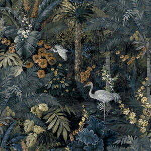 Cascading Gardens: Masoala Tropical Crane Wallpaper - Navy - Last 43 Rolls