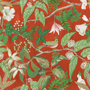 Birds Sing and Flowers Bloom Wallpaper - Deep Orange Red