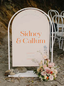Hire Signage: White arched hanging frame