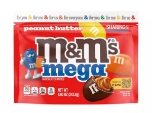 Chocolate Candy: M&M's Mega Peanut Butter Chocolate Candy, Sharing Size Bag - 8.6oz