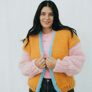 Samples Scrappy Kits: // SAMPLE // Colour Block Cardi // Turmeric, Candyfloss & Ocean Eyes // Chunky Funky Wool // Size 10-12