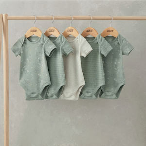 Bodysuits: Mamas and Papas Sage Dinosaur Short Sleeve Bodysuits - 5 Pack