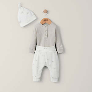 Clothing Sets: Mamas and Papas Ribbed Bodysuit, Stork Print Pants & Beanie - 3 Piece Set