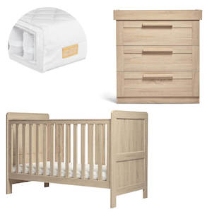 White Nursery Furniture: Mamas and Papas Atlas Light Oak Bundle - Cot + Dresser + Mattress