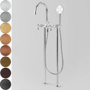 Low Uneven Pressure Bath Taps: Astra Walker Icon + Floor Mounted Bath Mixer with Circular Single Function Hand Shower