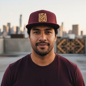 Hats: Flat Bill Snapback Hat — USA USO - Gold Embroidery - AU/NZ/USA