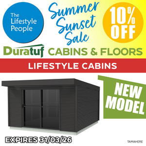 Cabins Sleepouts: Duratuf Lifestyle TAMAHERE CABIN w Ranch Slider & Floor - 4.0m x 2.0m (Colour Finish)