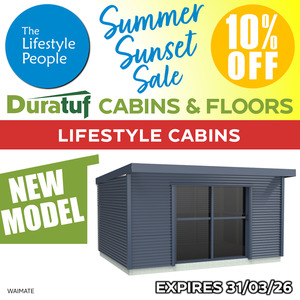Duratuf Lifestyle WAIMATE CABIN w. Ranch Slider & Floor - 5.0m x 2.0m (Colour Finish)