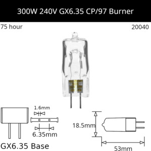 Burner Glass Base: CP/97 240V 300W GX6.35 - Osram Code 64516