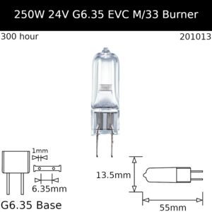 Burner Glass Base: EVC 24V 250W G6.35 - Osram Code 64657