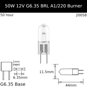 Burner Glass Base: BRL 50W 12V G6.35 - Osram Code 64610