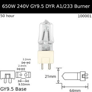 Burner Ceramic Base: DYR 650W 240V GY9.5 A1/233 - Osram Code 64686