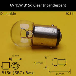 6V 15W B15d / Ba15d (SBC) Automotive / Miniature Incandescent Bulb