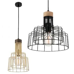 Industrial Pendant Light: Gina Pendant Light in Black or Brass w/ Timber Mercator - PL-MG9321BLK, PL-MG9321BRS