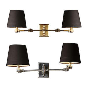 Broadway Wall B22 2x40w Swing Arm Dual Wall Light w/ Black Shades in Brass or Si&hellip;