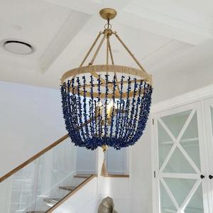 Scandinavian Lights: Coogee Pendant Light 4xE14 in Antique Gold Frame w/ Blue Beads Cafe Lighting - 20612