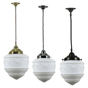 Chrome Pendant Light: Senator 8" Cloth Cord Pendant Light in Brass, Chrome, Patina Black with Opal Matt Glass