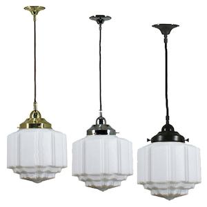 Chrome Pendant Light: St Kilda 8" Cloth Cord Pendant Light in Brass, Chrome, Patina Black with Opal Matt Glass