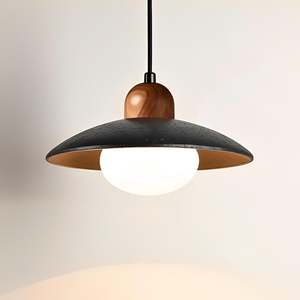 Black Pendant Light: Vanta Traventine Pendant Light in Black Stone and Wood