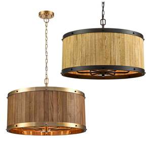 Barrique 6Lt Pendant Light in Oak Wood/Satin Brass or Natural Wood/Oil Rubbed Bronze