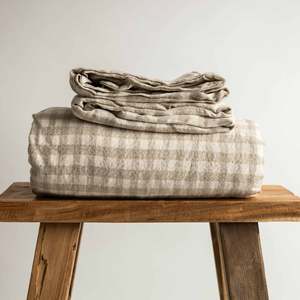 Natural Gingham: Dark Natural Gingham Linen Flat Sheet