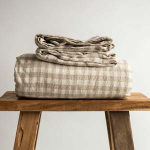 Natural Gingham: Dark Natural Gingham Linen Fitted Sheet