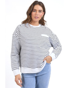 Womens Sweatshirts Crews: FOXWOOD ORIGINAL STRIPE CREW - White/Black Stripe