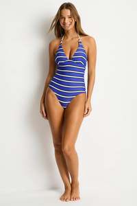 Sea Level: SEA LEVEL VOYAGE LONGLINE HALTER ONE PIECE - Amalfi Blue