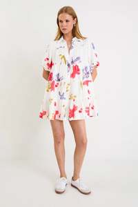 Womens Shirts: BY ROSA DAHLIA MINI SHIRT DRESS - Cream Poppy Floral