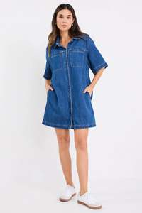 Womens Shirts: STORIES BE TOLD SHORTCUT MINI SHIRT DRESS - Storm Blue