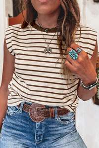 Womens Short Sleeve Tops: PRICKLE & POLLY - Stripe Tee - brown