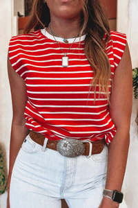 Womens Short Sleeve Tops: PRICKLE & POLLY - Stripe Tee - red