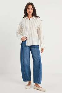 Womens Shirts: BY ROSA REVEAL TIE BACK SHIRT - Khaki Stripe