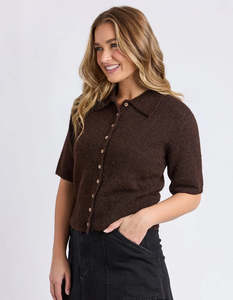 Womens Short Sleeve Tops: FOXWOOD FERNIE BUTTON KNIT - Coffee Bean