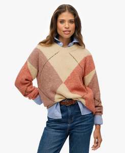 Womens Sweatshirts Crews: SUPERDRY - OVERSIZED ARGLYLE V NECK JUMPER