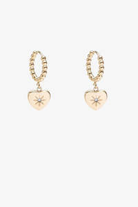 Accessories: ANTLER EARRINGS  - BEADED HEART HUGGIE - Gold