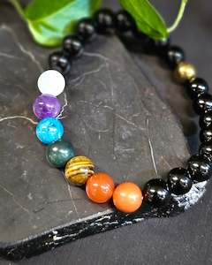 Crystals: 8mm Black Onyx 7 Chakra Bead Bracelet