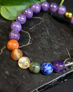 Crystals: 8mm Lepidolite 7 Chakra Bead Bracelet
