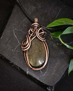 Copper Wrapped Gold Sheen Obsidian Pendant