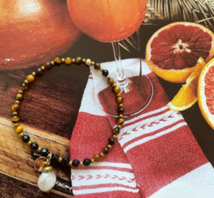 VANIA - LUXE COLLAB TIGERS EYE AND ONYX BRACELET WITH PEARL CHARM