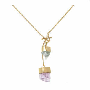 TIGER FRAME - NECKLACE - AQUAMARINE & KUNZITE LONG - GOLD