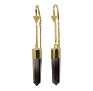 TIGER FRAME - EARRINGS - SMOKY QUARTZ POINT PULL THROUGH - GOLD