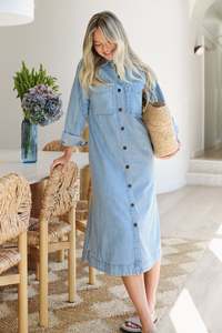 Denim: Long Sleeve Yoke Detail Midi Dress – Vintage Blue
