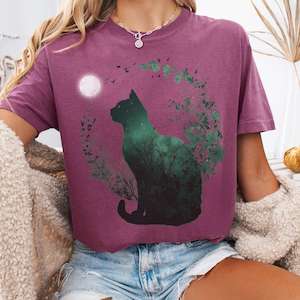 Whimsical Witchy: Midnight Cat in the Forest T-Shirt – Celestial Cottagecore Tee