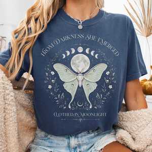 Book Shirts Tshirts For Book Lovers Literary Tshirts: From Darkness She Emerged Clothed in Moonlight T-Shirt