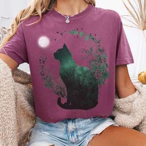 Whimsical Witchy: Midnight Cat in the Forest T-Shirt – Celestial Cottagecore Tee