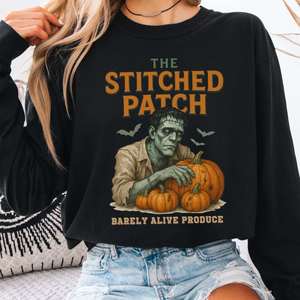 Halloween Bookish Tees: Frankenstein's The Stitched Patch: Barely Alive Produce Long Sleeve Shirt